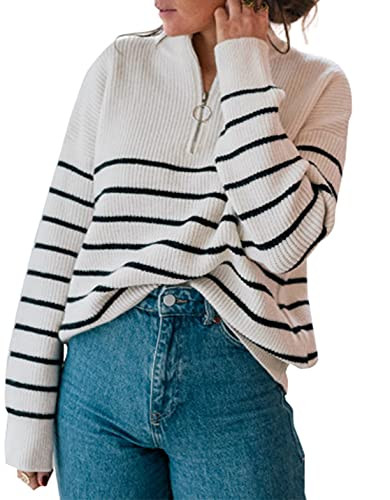 Amkoyam Women's Striped Sweaters 2023 Long Sleeves Knitted Casual Pullovers Loose Shirt Tops with... | Amazon (US)