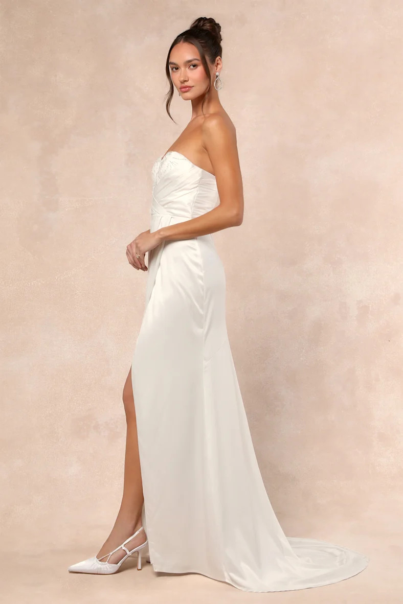 Heidy White Satin Beaded Strapless Maxi Dress | Lulus