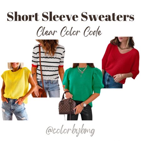 Short Sleeve Sweaters for Clear Color Codes

Colors to pick:

1. Yellow
2. A Red Stripes
3. A Green 
4. Red

Clear Winter 
Clear Spring

#LTKSeasonal #LTKfindsunder50 #LTKSpringSale