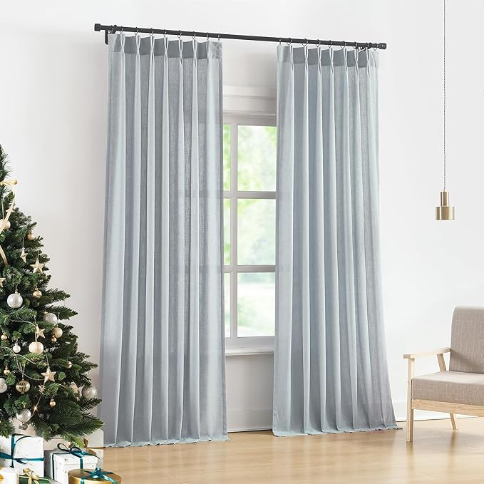 Vision Home Blue Grey Pinch Pleated Semi Sheer Curtains Textured Linen Blended Light Filtering Wi... | Amazon (US)