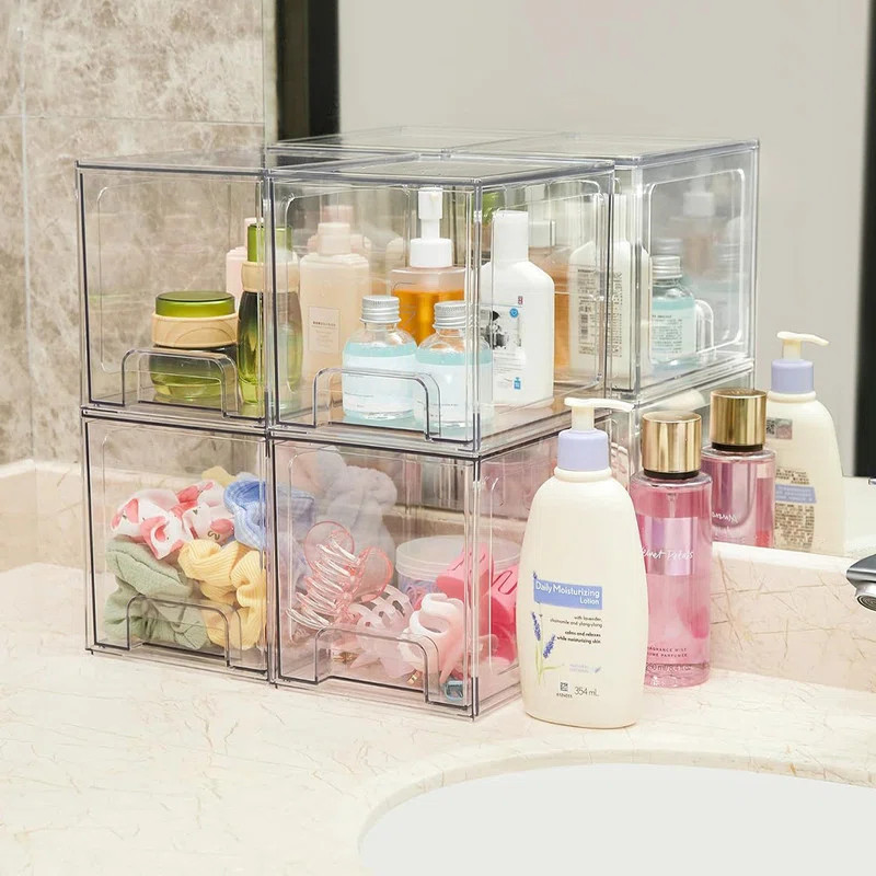 Rebrilliant 4 Pack Stackable Storage Drawers,Clear Plastic Storage Bins For Vanity, Undersink, Ki... | Wayfair North America