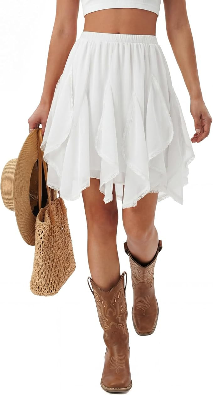 Women's Chiffon Mini Skirt Flowy Ruffle Lace Tulle Skirts Casual Boho Skirt | Amazon (US)