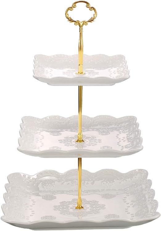 Sumerflos 3 Tier Porcelain Cupcake Stand, Tiered Serving Cake Stand, Square White Embossed Desser... | Amazon (US)