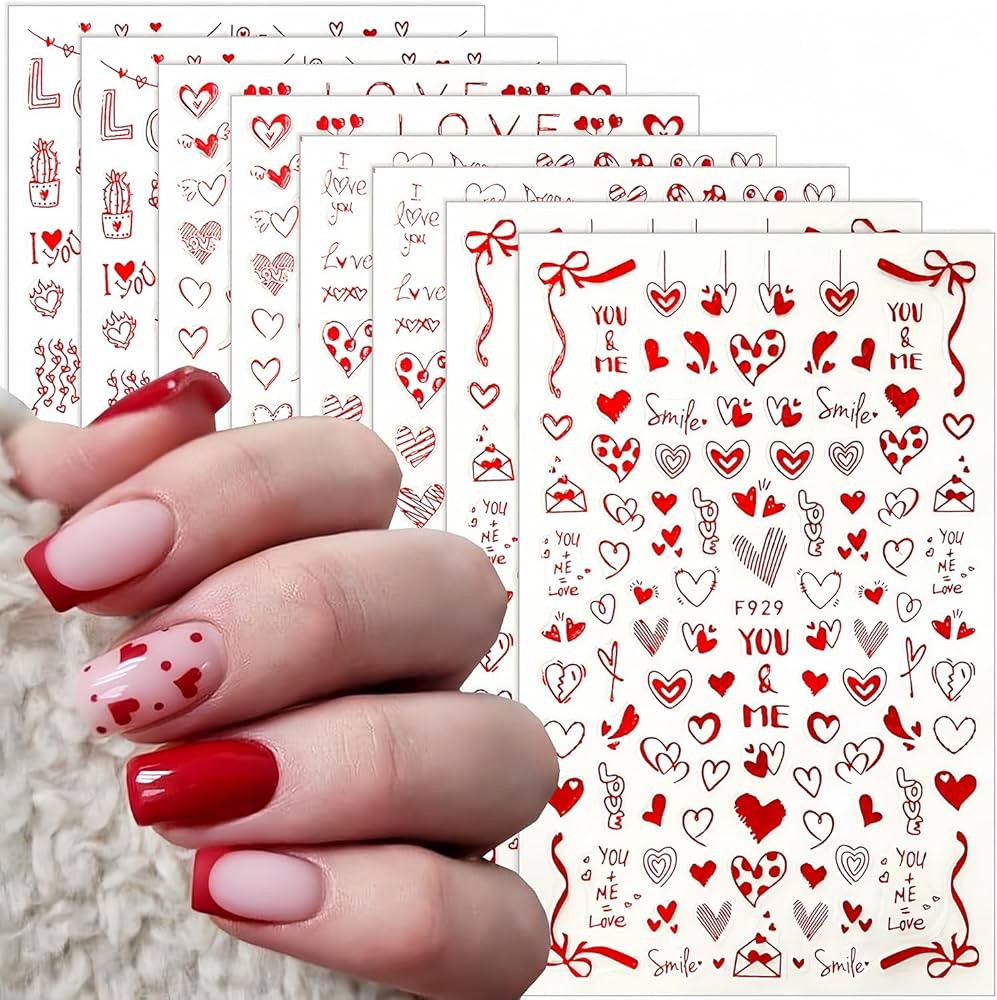 8 Sheets Heart Nail Art Stickers Love Hearts Nail Decals 3D Self-Adhesive Red Love Heart Designs ... | Amazon (US)