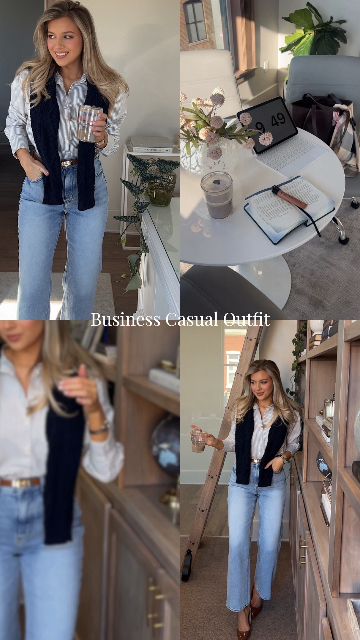 Obsessed with this business casual outfit with jeans for spring and summer at the office! Throw on a cute sweater over the shoulders for an elevated look! 

Wearing size 26 in jeans! They are so soft and fit perfect. I’m 5’2”! 

#LTKWorkwear #LTKootd