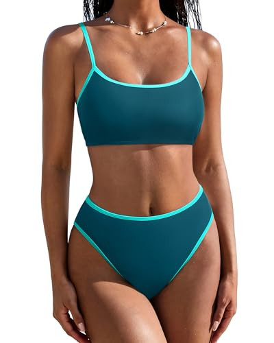 SUUKSESS Women High Waisted Two Piece Bikini Sets Cheeky High Cut Bandeau Swimsuits Push Up Bathing Suit(Green Blue,L) | Amazon (US)