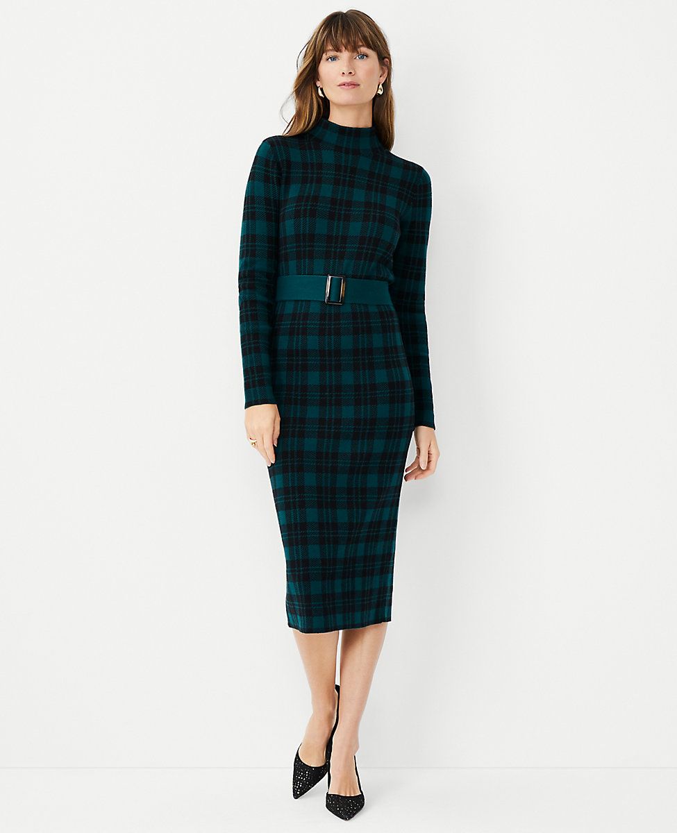 Plaid Jacquard Belted Sweater Dress | Ann Taylor (US)