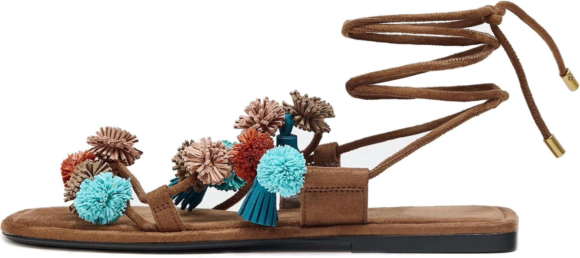 Sandalias planas bohemias con cordones para mujer, puntera abierta, con cuentas, para verano, pla... | Amazon (US)