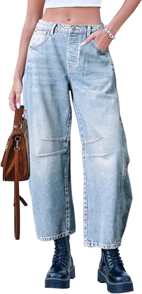 Dokuritu Baggy Jeans for Woman Wide Leg Mid-Rise Denim Ankle Pants Y2k Barrel Boyfriend Jeans wit... | Amazon (US)