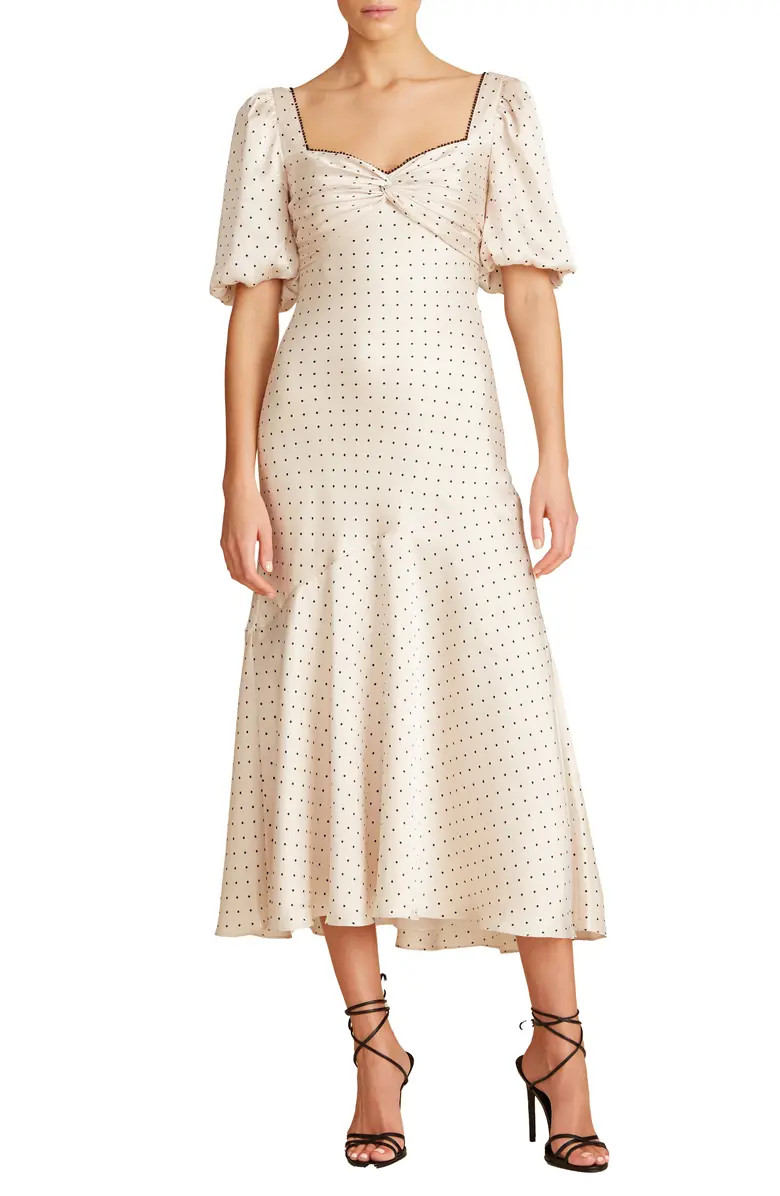 ML Monique Lhuillier Polka Dot Satin Midi Dress | Nordstrom | Nordstrom