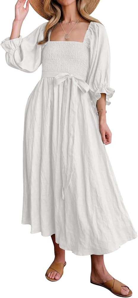 Les umes Womens Summer Dress with Belt Half Ruffle Lantern Sleeve Ladies Casual Multi Wear Maxi E... | Amazon (US)