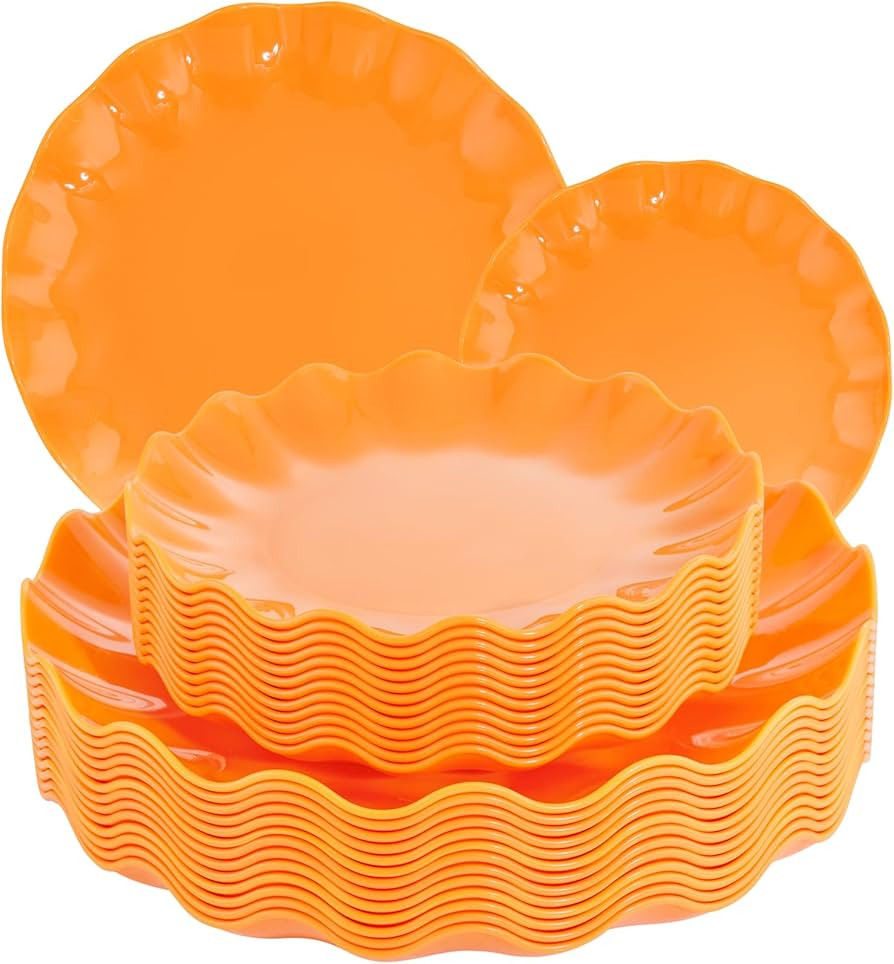 LIYH 24pcs Orange Plastic Plates Reusable, Heavyweight Thanksgiving Plastic Plates Disposable, Sc... | Amazon (US)