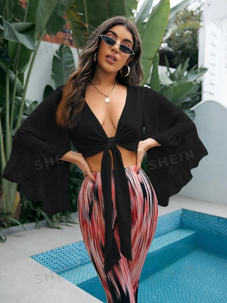 SHEIN VCAY Butterfly Sleeve Tie Front Top for Sale Australia| New Collection Online| SHEIN Austra... | SHEIN