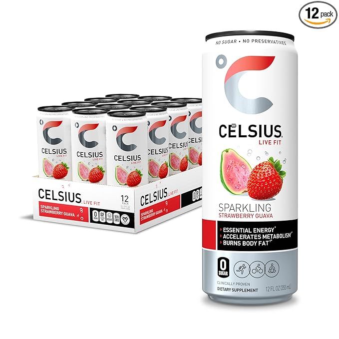 CELSIUS Essential Energy Drink 12 Fl Oz, Sparkling Strawberry Guava (Pack of 12) | Amazon (US)