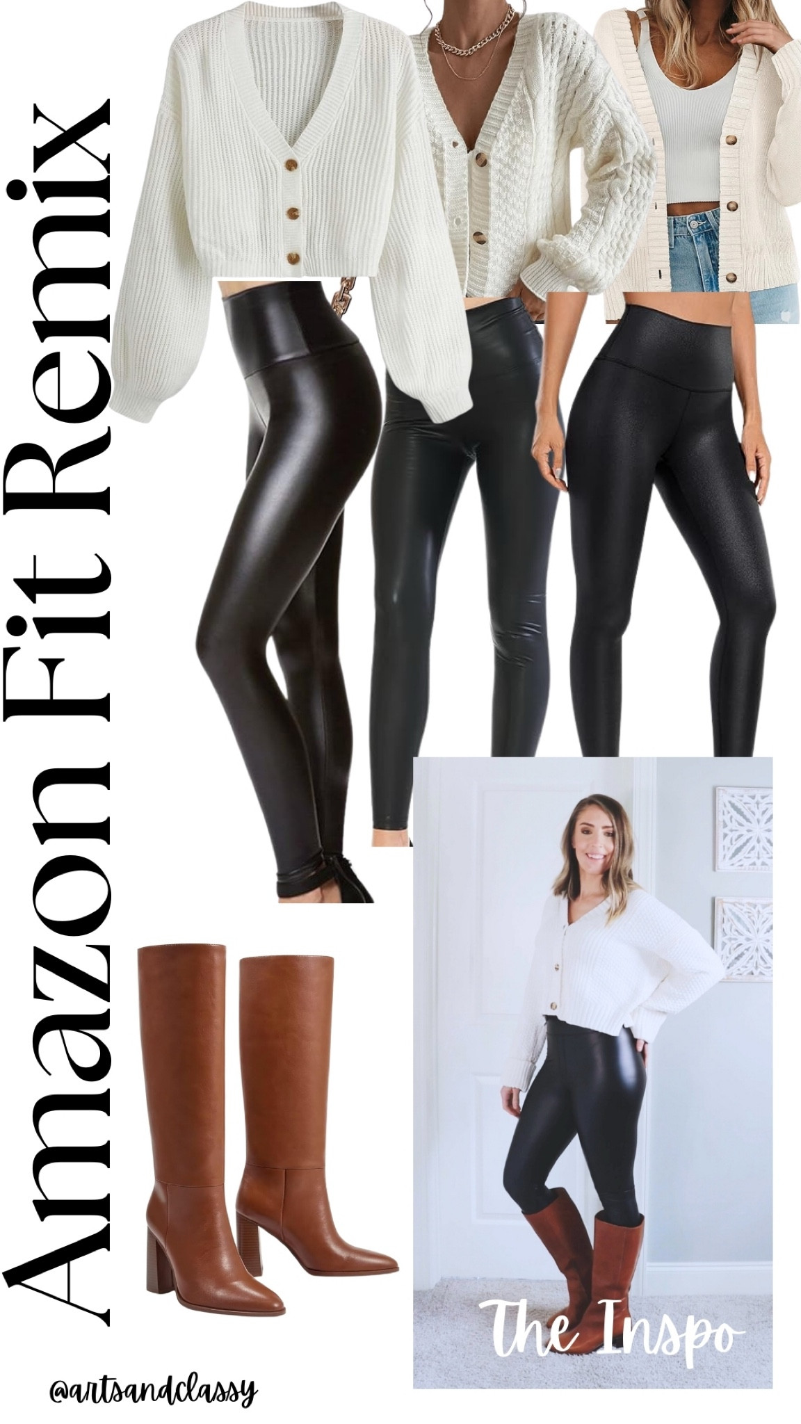 I love a cute, cropped button-down cardigan with a cozy and comfy vibe paired with more modern and edgy faux leather black leggings and some pretty brown statement boots! This is a cute and simple way to dress up in winter! #fauxleather #leggings #boots #whitesweater 

 #LTKMidsize #LTKStyleTip #LTKShoeCrush