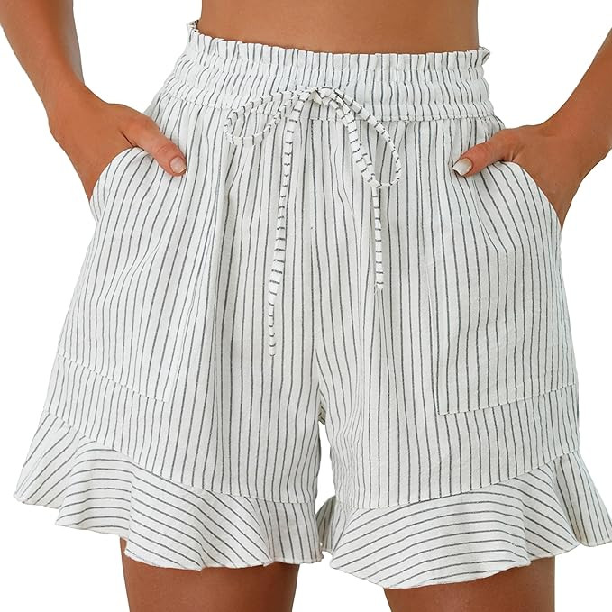 LNX Womens Linen Shorts High Waisted Wide Leg Drawstring Summer Beach Shorts with Pockets | Amazon (US)