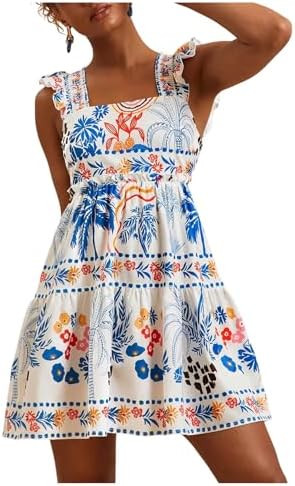 Women's Floral Tropical Graphic Short Dress Boho Ruffle Hem Sleeveless Vacation Tank Dress | Amazon (US)