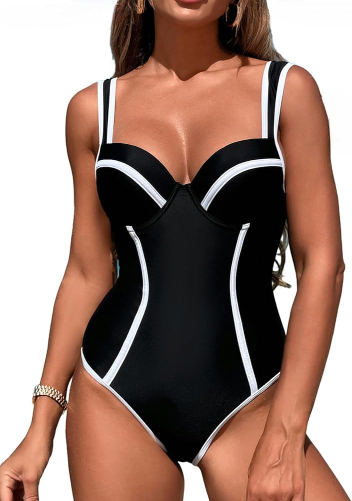 Tummy Control Swimsuits Monokini Slimming One Piece Bathing Suit Color Block V Neck Swimwear | Amazon (US)