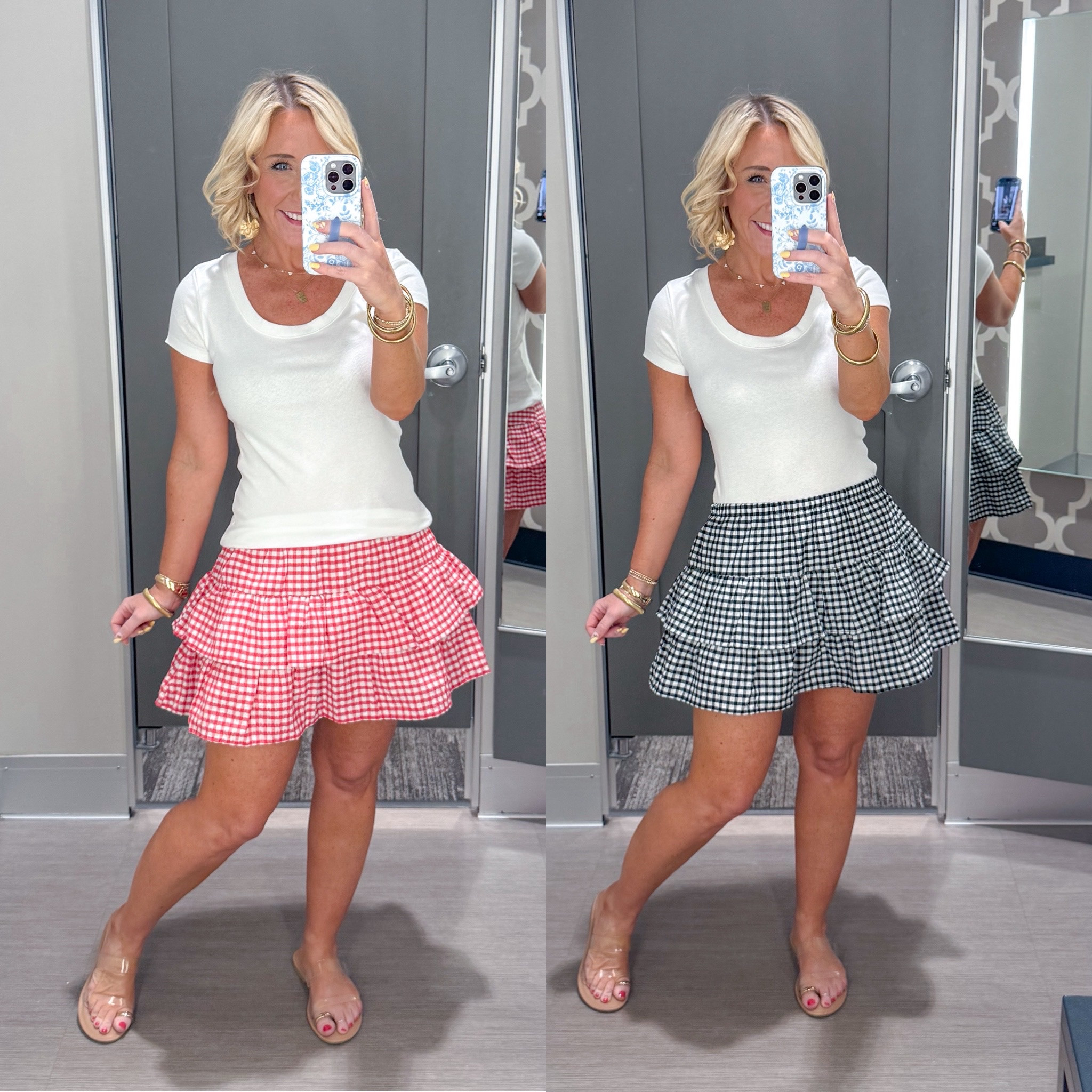 • White scoop neck t-shirt - size small. 
• Red gingham skort - size small (needed a medium) 
• Black gingham skort - size large (needed a medium).

#LTKFindsUnder50 #LTKSeasonal #LTKSaleAlert