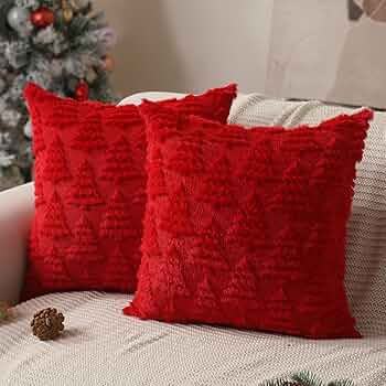Christmas Pillow Covers 18 x 18 Set of 2 Christmas Decoration Red Christmas Tree Pillow Cases Plu... | Amazon (US)