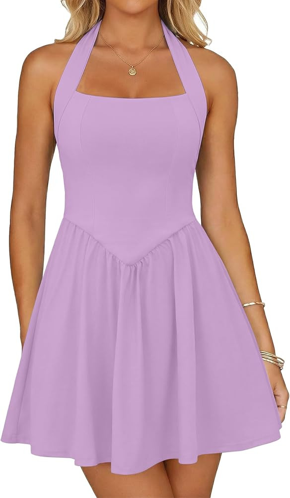 Womens Summer Halter Square Neck Sleeveless Mini Dress 2026 Cute A-line Flowy Graduation Cocktail... | Amazon (US)