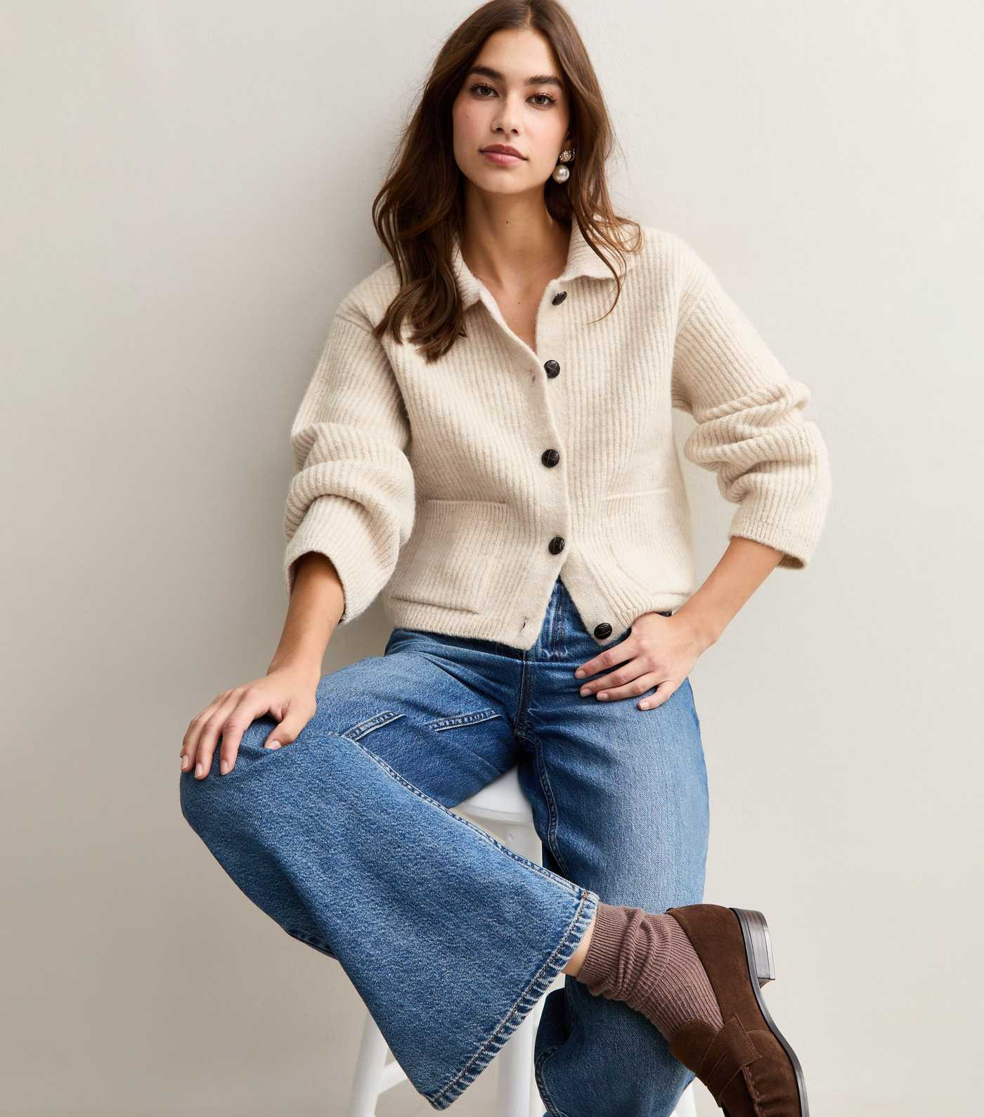 Cream Knit Collared Button Through Cardigan | New Look | New Look (UK)