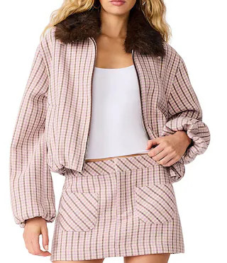 Steve Madden Ailee Plaid Faux Fur Collared Long Sleeve Coordinating Bomber Jacket -  L | Dillard's