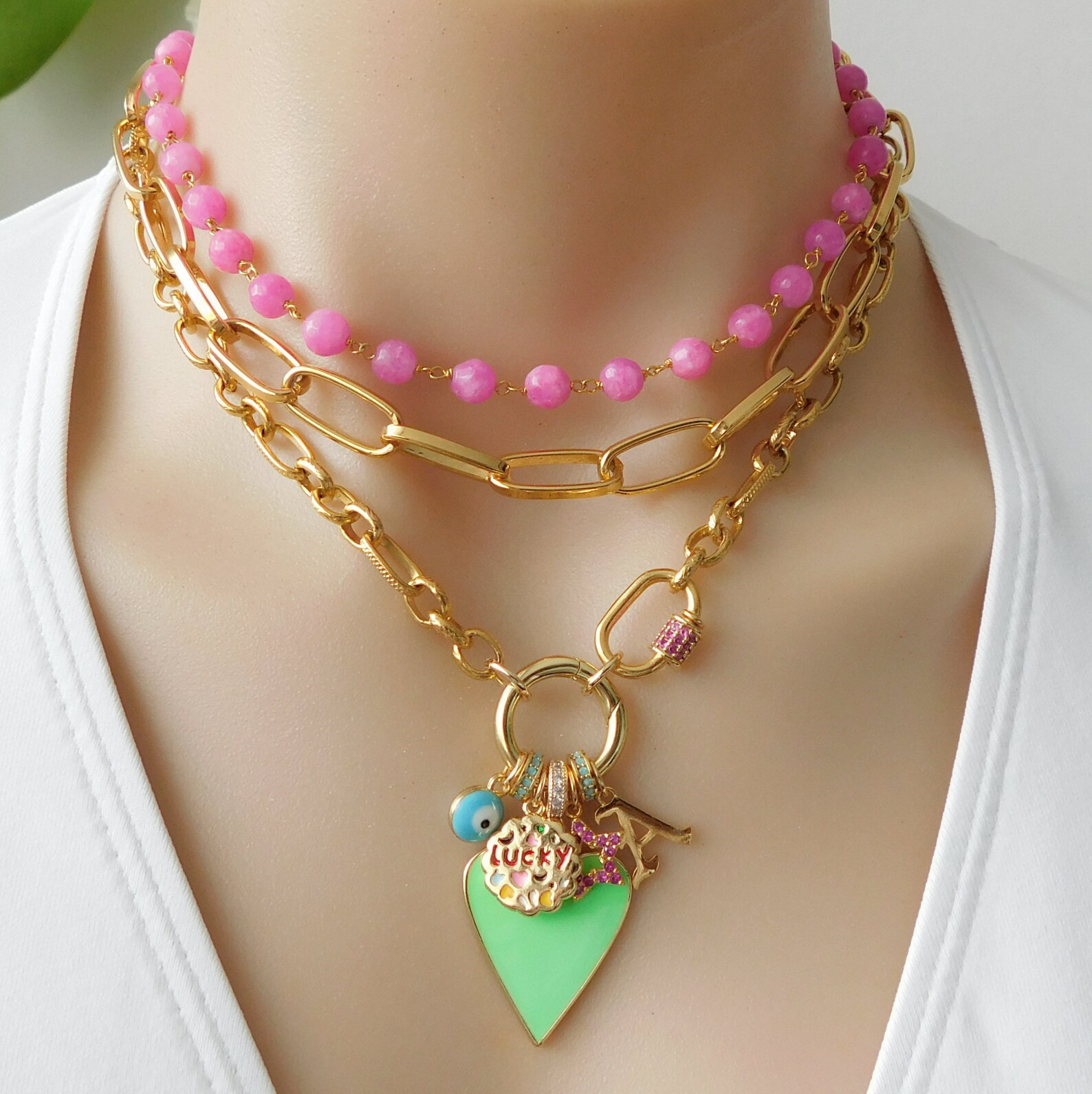 Personalized Charm Necklace, Enamel Heart Charm Necklace, Mixed Charm Necklace, Pink and Green Ne... | Etsy (US)