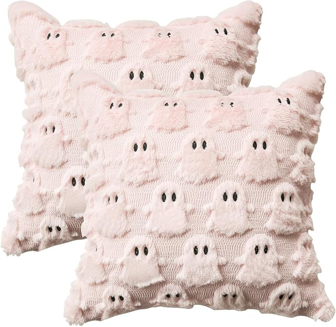 AVOIN colorlife Halloween Ghost Pink Throw Pillow Cover Set of 2, 18 x 18 Inch Soft Plush Faux Fu... | Amazon (US)