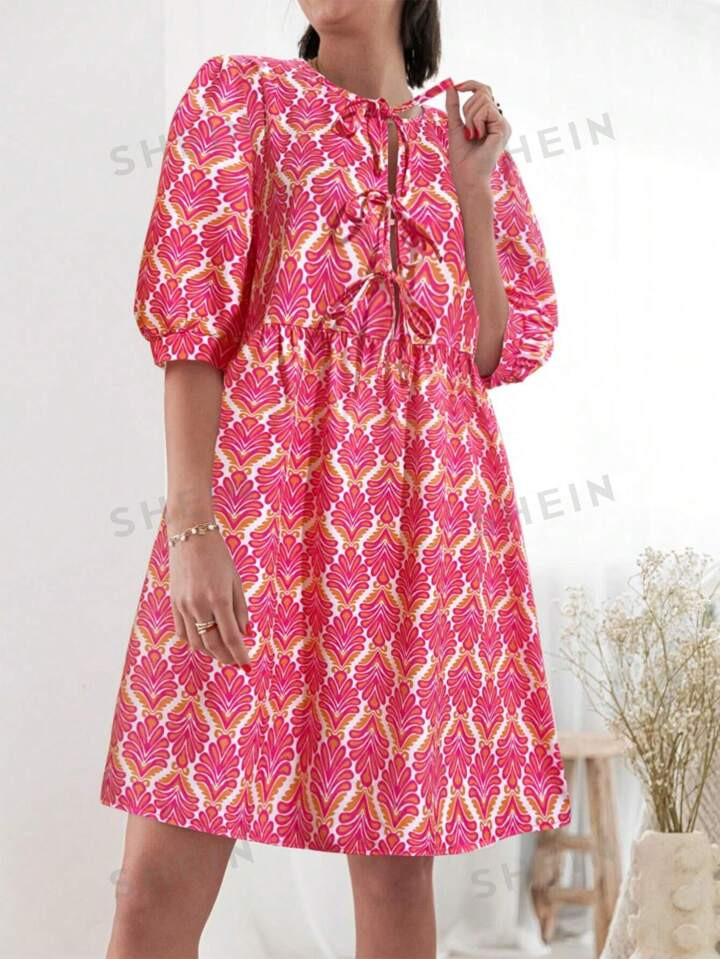 SHEIN VCAY Ladies' Puff Sleeve Vacation Dress With Full Print And Chest Strap | SHEIN