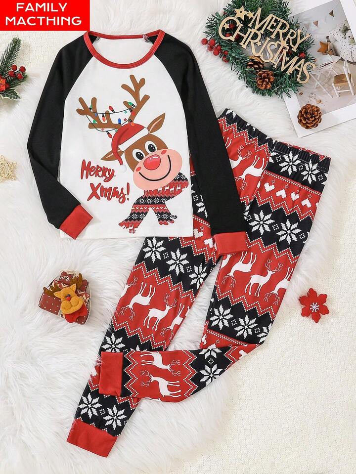 TrendsTween Boy Christmas Pajama Set, Holiday Party Matching Family Elk Fairisle Print Long Sleev... | SHEIN
