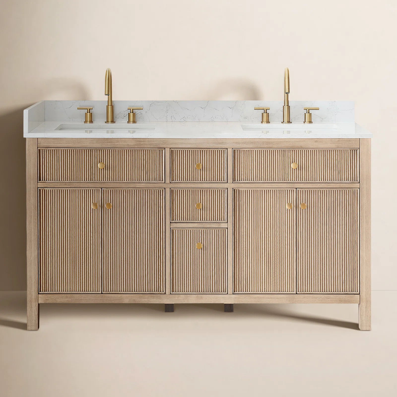 Lala 60" Double Bathroom Vanity with Grain White Engineered Stone Countertop without Mirror | Birch Lane