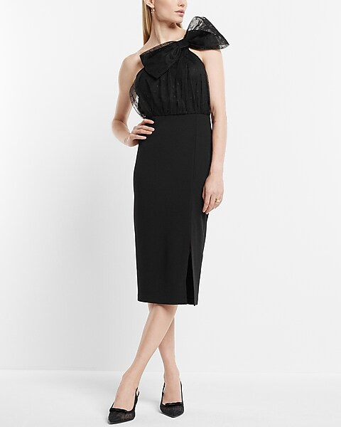 Mesh Polka Dot One Shoulder Bow Midi Sheath Dress | Express
