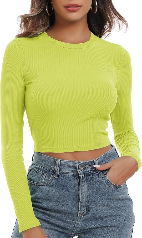 Artfish Women's Round Neck Long Sleeve Knit Ribbed Fitted Crop Top Casual Basic Shirts | Amazon (US)