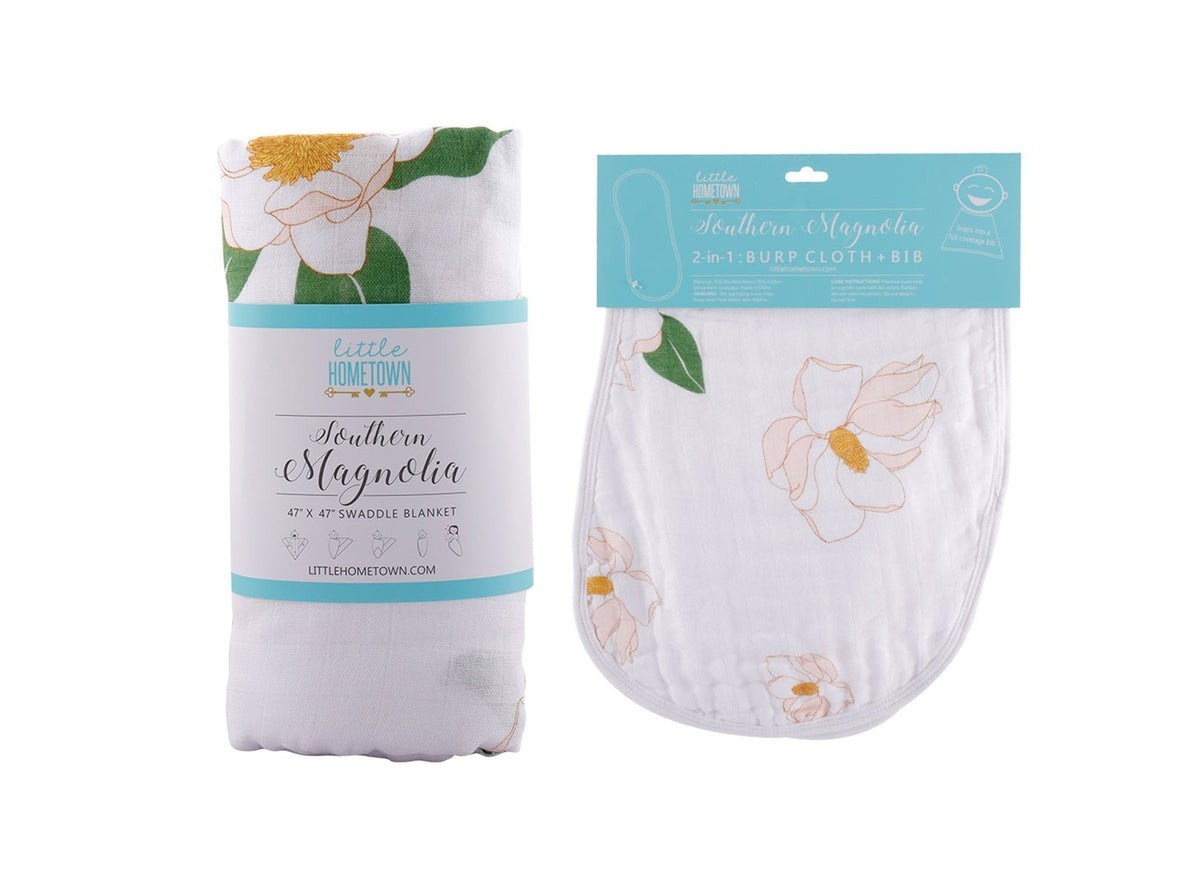 Gift Set: Southern Magnolia Baby Muslin Swaddle Blanket and Burp Cloth/Bib Combo | Little Hometown