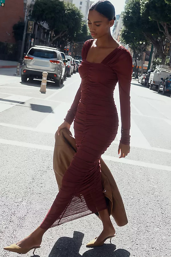 By Anthropologie Long-Sleeve Ruched Slim Midi Dress | Anthropologie (US)