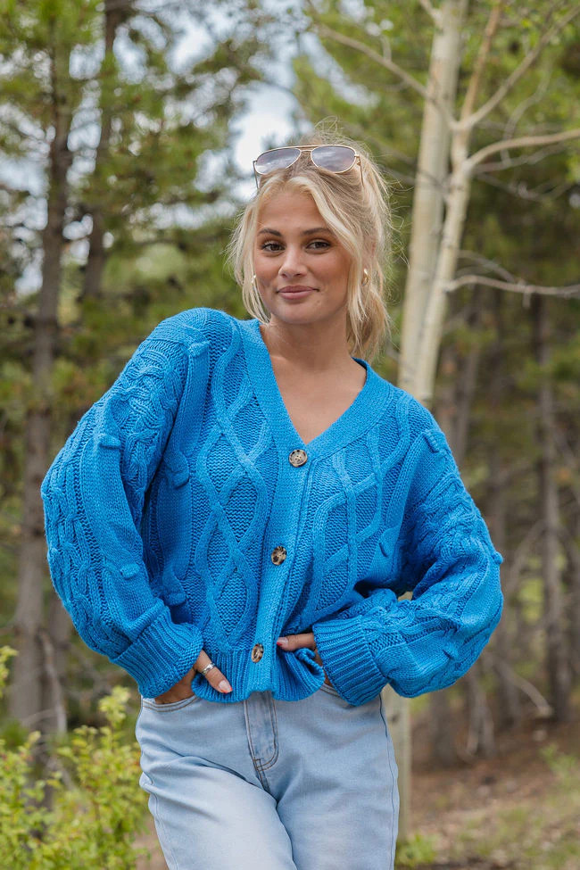 Moments That Matter Blue Cable Knit Cardigan SALE | Pink Lily