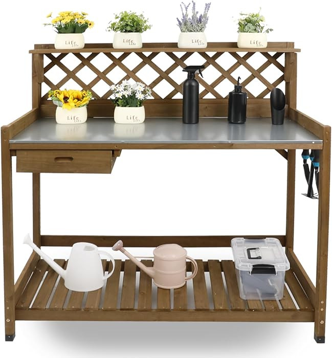 Garden Potting Benches & Tables,Outdoor Wooden Work Station W/Metal Table Top,Drawer,Large Bottom... | Amazon (US)