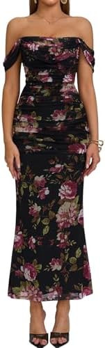 KUTUMAI Off The Shoulder Maxi Long Dress Corset Ruched Bodycon Cocktail Formal Wedding Guest Dres... | Amazon (US)