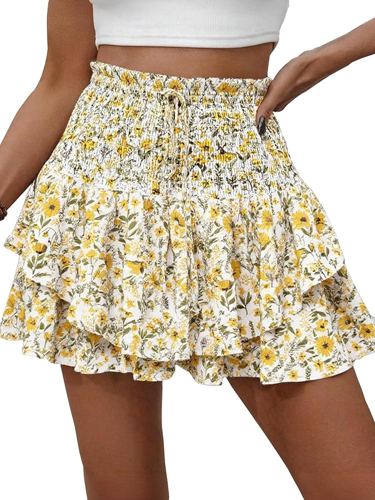Floral Skorts for Woman Ruffle Mini Skirt with Shorts Underneath Causal Summer Boho Outfits | Amazon (US)