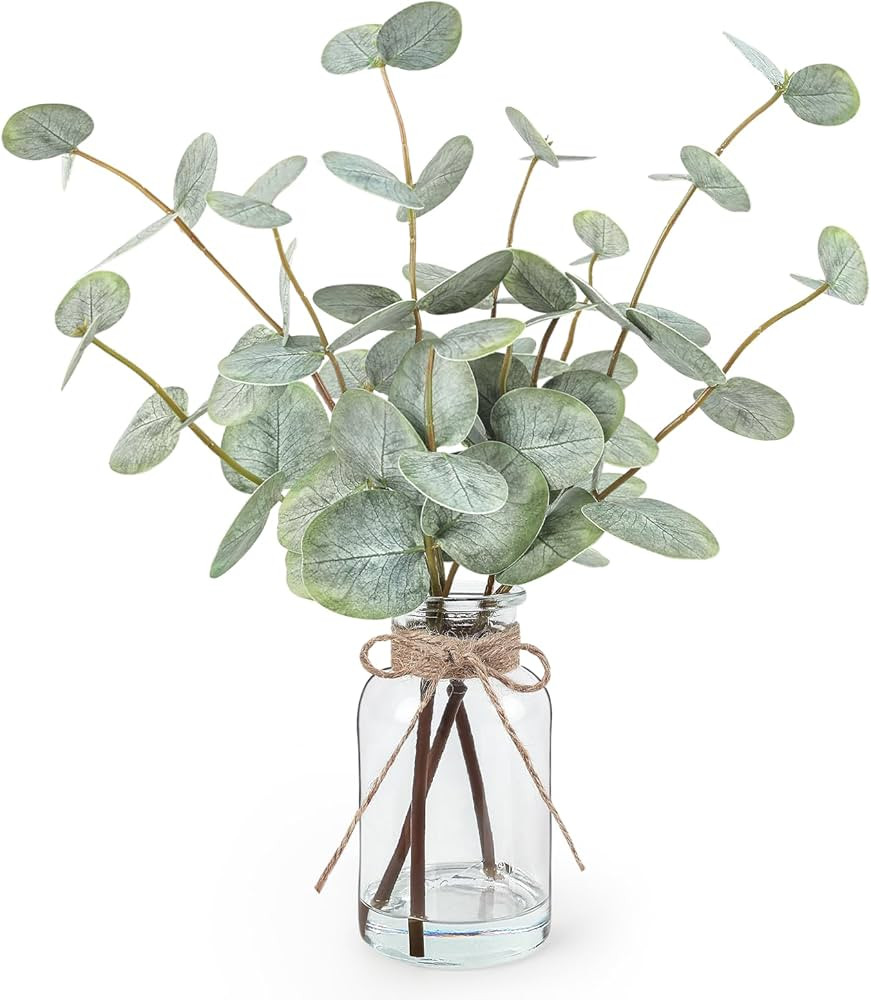 Artificial Eucalyptus Stems in Glass Vase with Faux Water, 13.5" Fake Plants for Home Decor, Coff... | Amazon (US)