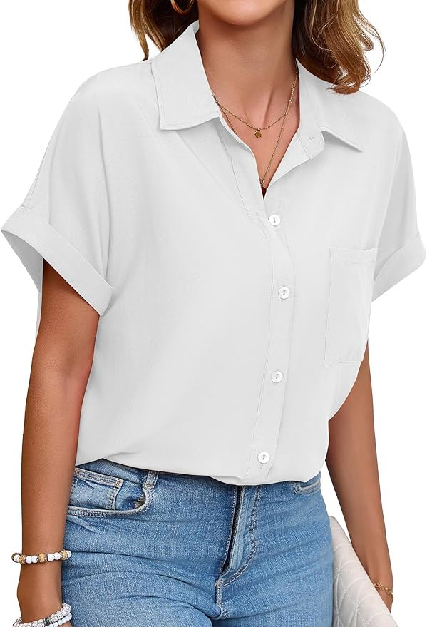 Womens Button Down Shirt Casual Short Sleeve Collared Work Blouse with Pocket | Amazon (US)
