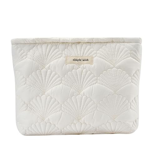 uekeboag White Quilted Cotton Makeup Pouch,Coquette Quilted Toiletry Bag for Women and Girls, Floral Coquette Organizer Bag, Aesthetic Travel Cosmetic Bags(03White Shells) | Amazon (US)