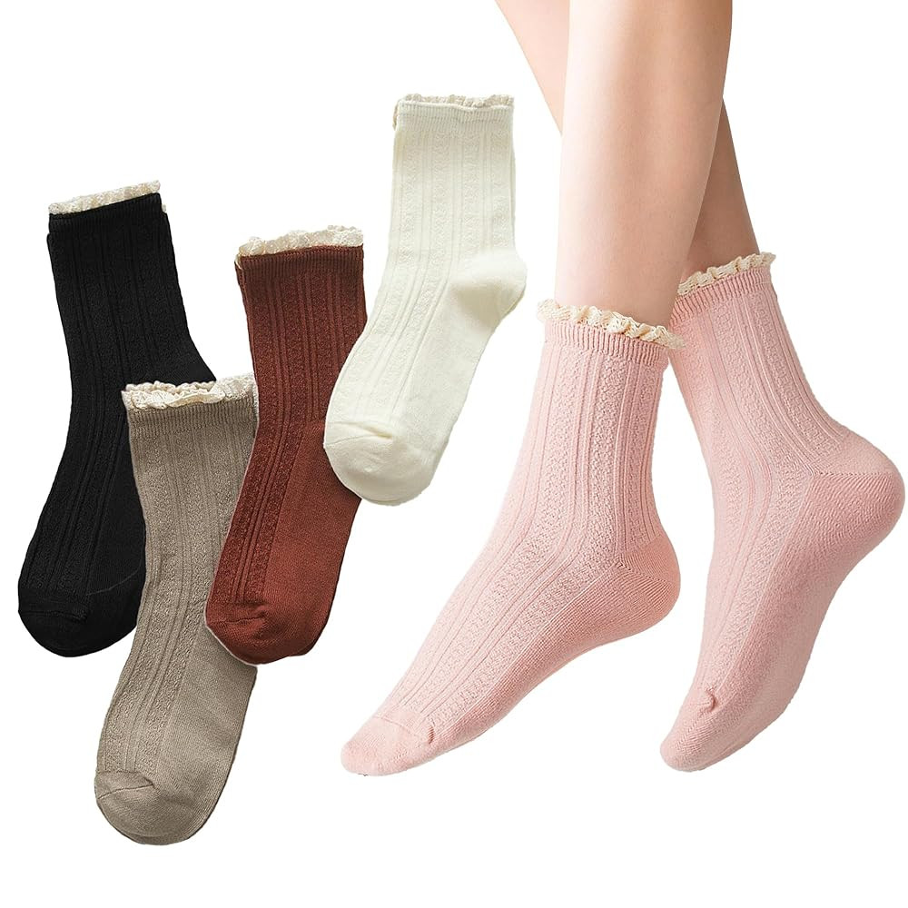 Women's Trim Ruffle Frilly Turn Cuff Socks - Cute Vintage Dress Crew Ankle Boot Socks | Amazon (US)