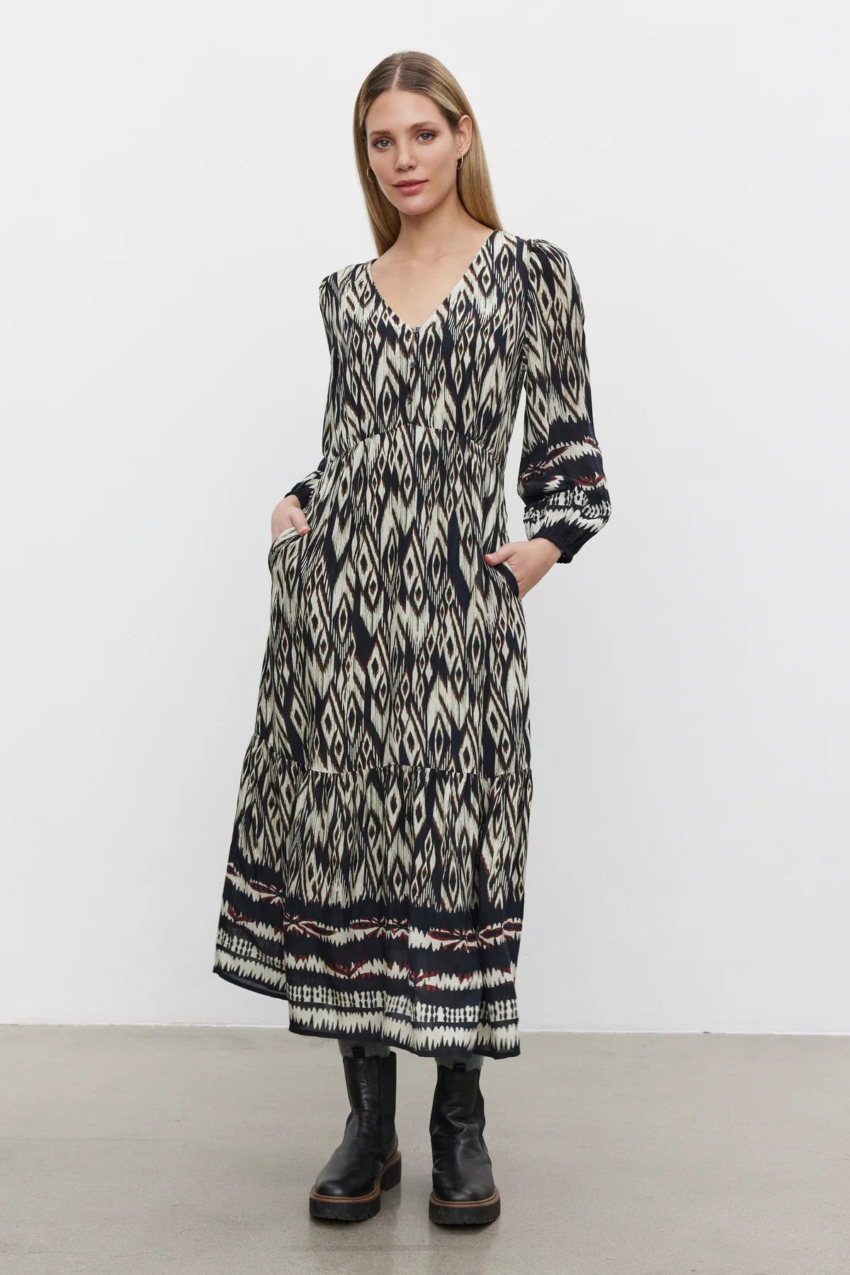 CATHERINE IKAT VISCOSE SPLIT NECK BOHO MIDI DRESS | Velvet by Graham & Spencer