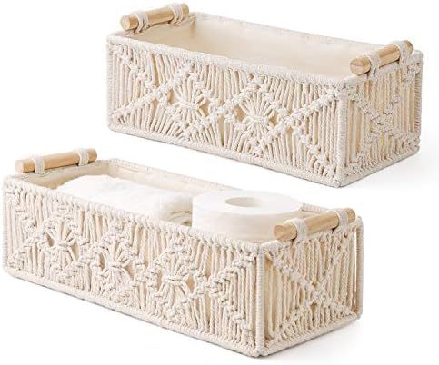 Amazon.com: Mkono Macrame Storage Baskets Boho Decor Box Handmade Woven Decorative Countertop Toi... | Amazon (US)