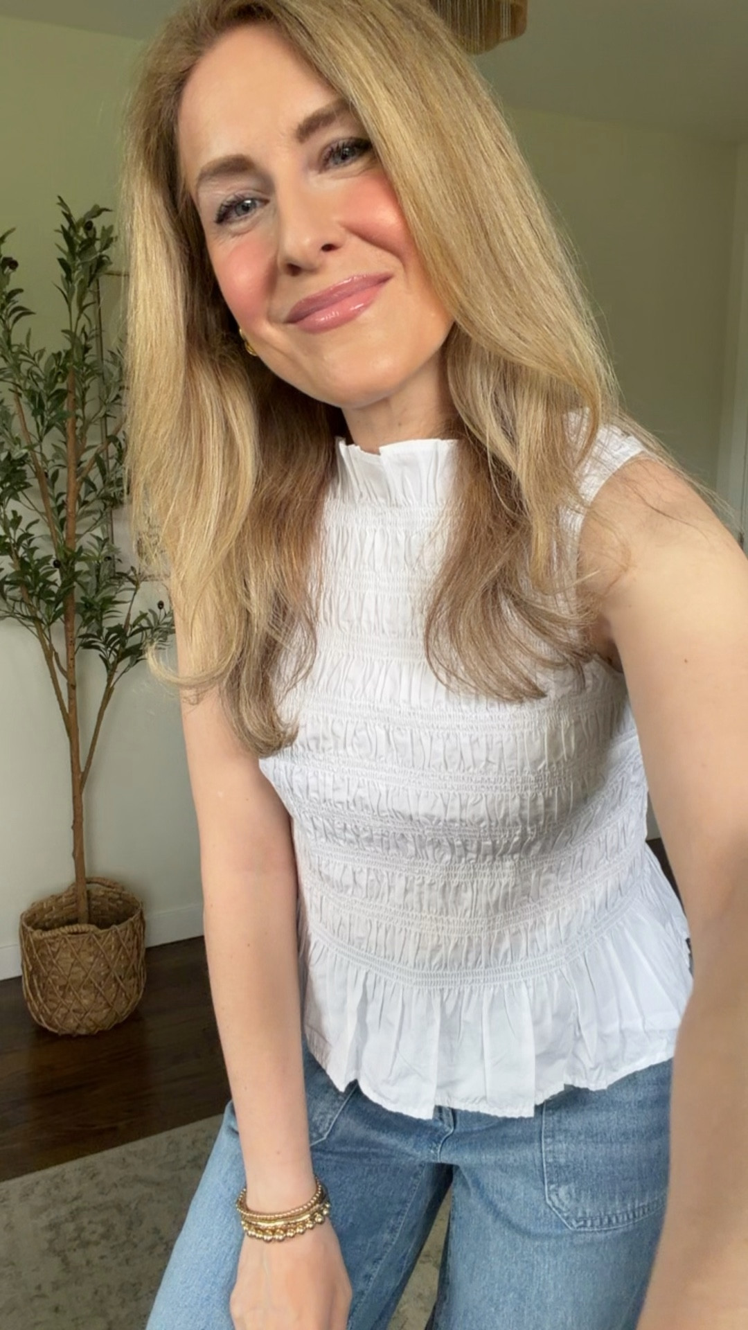 Walmart summer outfit idea with this smocked peplum top and barrel jeans. Top is stretchy but snug so I sized up one to a medium. Jeans fit tts, I’m a 6. #walmartfashion