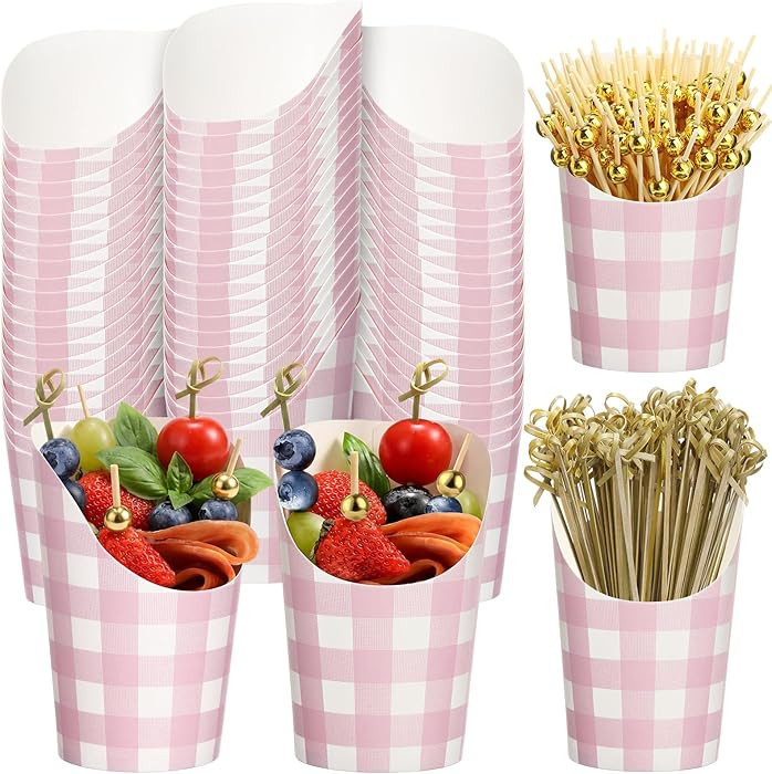 250 Pcs Pink Plaid Charcuterie Cups with Sticks 14 oz 50 Sets Disposable Checkered Gingham Snack ... | Amazon (US)