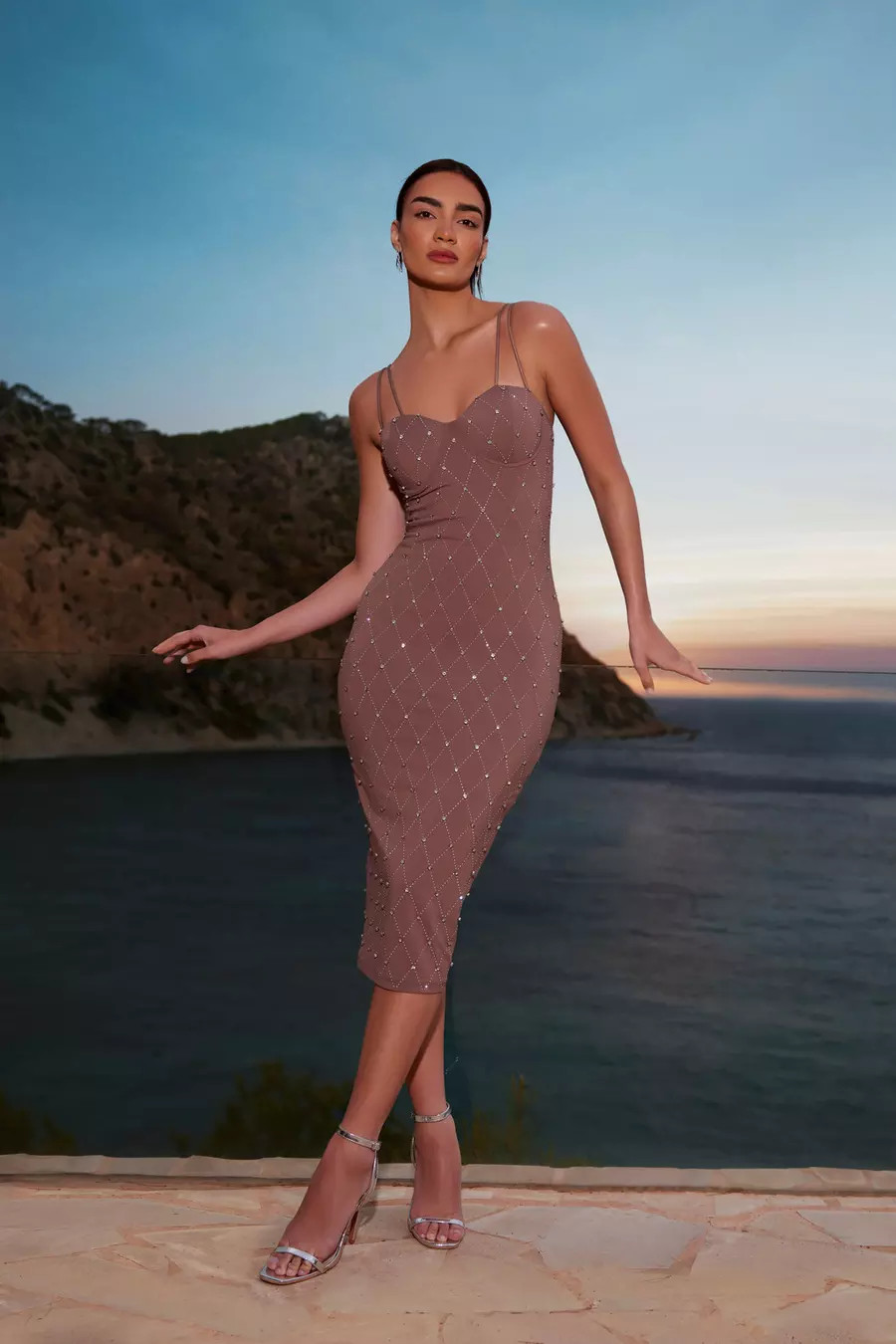 Mocha Rhinestone Bodycon Midi Dress | Quiz Clothing