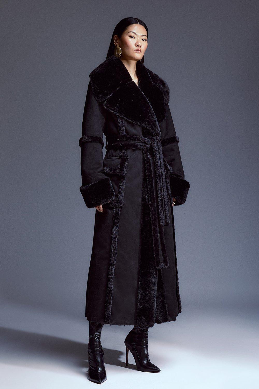 Faux Shearling Collar & Cuff Tie Belt Maxi Coat | Karen Millen UK + IE + DE + NL